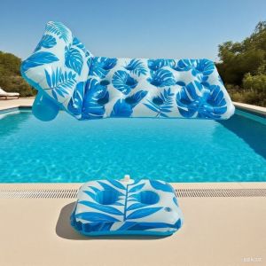 Matelas Gonflable pour Adultes, Transat de Piscine à Motif Feuilles Tropicales avec Dossier Réglable et Porte-Gobelets, Bouée Flottante pour