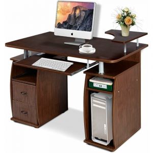 Costway - Bureau Informatique Table de Bureau en mdf pour Ordinateur Multi-Rangements avec Tablette Imprimante, Tablette à Clavier Coulissante, 2