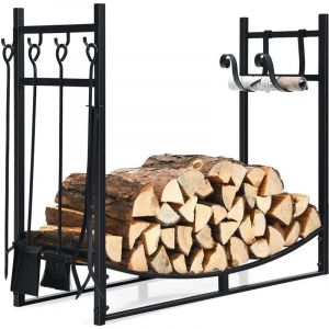 Porte Bûches Range Bûche Bois Avec 6 Crochets et 4 Outils Charge 50 kg Serviteur Cheminée pour Intérieur Extérieur 90 x 33 x 76 cm