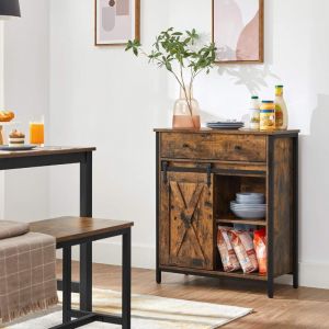 Buffet, Placard de Cuisine, 70 x 30 x 80 cm, avec Porte coulissante Imitation Grange, Style Industriel, Marron Rustique et Noir