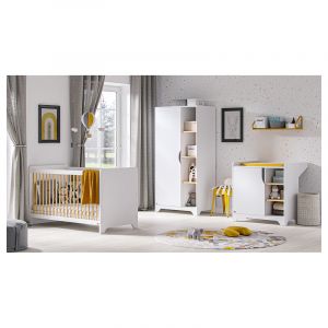 VOX - Chambre complète lit bébé - commode à langer - armoire 1 porte Leaf Blanc et bois