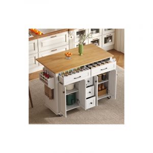 Chariot de cuisine multifonction avec plateau rabattable extensible 120&times;65 cm, 5 tiroirs, placards, porte-&eacute;pices et porte-serviettes, sur roulettes &ndash;