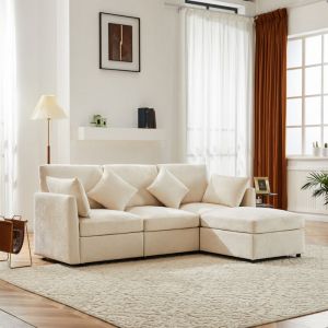 Canapé d'angle modulaire en l 3-4 places, design contemporain, tissu chenille doux avec coussins assortis - Beige