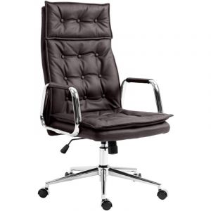 Décoshop26 - Fauteuil de bureau capitonné rembourrage épais en véritable cuir marron et pieds métal chromé 100002645