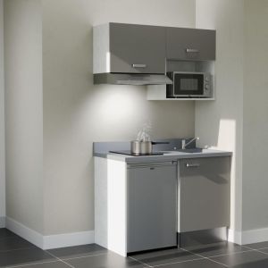 Cuisibane - Kitchenette K02L - 120 cm - plan monobloc évier intégré Cromo- évier à droite - Façades Gris + Electroménager inclus coloris Inox