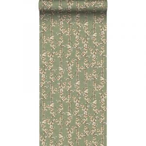 Papier peint fleurs vert olive grisé et blanc Sanders&sanders