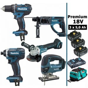 Makita - Pack premium 5 machines 18V 5Ah: Perceuse DDF482 + Meuleuse DGA504 + Perforateur DHR202 + Visseuse &agrave; chocs DTD152 + Scie