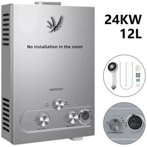 Chauffe-eau instantan&eacute; au GPL, 12 L 24 kW, Chauffe-eau propane/butane avec affichage LED et protections de s&eacute;curit&eacute;, Chauffe-eau ext&eacute;rieur