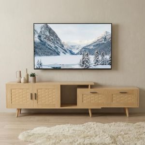 Meuble TV 180 cm extensible rotin avec 2 tiroirs, 2 portes, banquette TV modulable, pieds en bois massif, Pour TV 75 pouces - Chêne clair