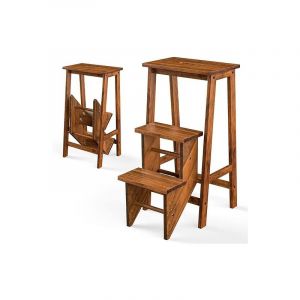 Goplus - Tabouret Escabeau Pliable 3 Marches, Escabeau Marchepied en Bois Massif, avec Marches R&eacute;versibles, Charge 310KG, Caf&eacute;