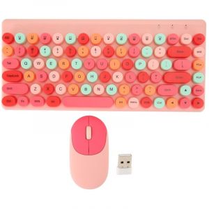 Clavier et souris sans fil r&eacute;tro, touches rondes color&eacute;es 86 touches avec souris 2.4G pour PC portable ordinateur rose