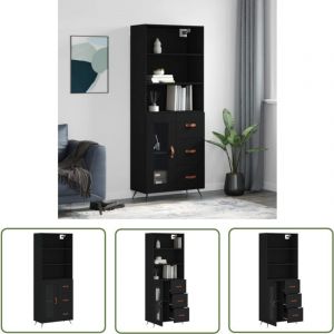 The Living Store Buffet haut Noir 69,5x34x180 cm Bois d'ingénierie - Buffet Design Moderne - Meuble Rangement Cuisine - Armoire Noire - Commode