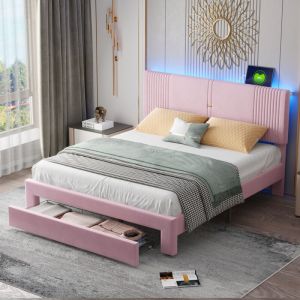 Fortuna Lai - Lit double 160x200cm - lit adulte avec grand tiroir, sommier à lattes et tête de lit led - en tissu velours rose