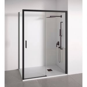 Paroi de douche angulaire 1 coulissante + 2 fixes - Verre 6mm - Noir mat - Largeur 175-180 x 67-70cm - Porte droite - Hauteur 195cm