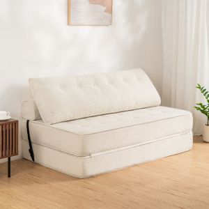 Canap&eacute;-lit pliant 1,5 &times; 1,8 m avec coussins, fauteuil de sol convertible avec dossier pour petits espaces, bureau et chambre d&rsquo;amis, blanc