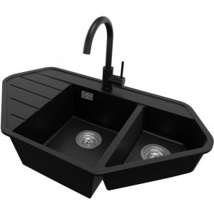 Primagran - Evier d'angle en Granit 90x50cm, Lavabo Cuisine 1,5 bacs + Kit de Vidage + Accessoire, &Eacute;vier &agrave; Encastrer au meuble 80cm - Copenhague