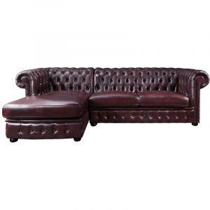 Vente-unique - Canap&eacute; d'angle chesterfield brenton 100% cuir de buffle - Bordeaux- Angle gauche