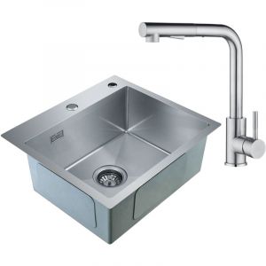 Cecipa - 2 en 1 Évier 1 Bac Inox 50 x 45 x 18,5 cm + Robinet de Cuisine Inox Extractible (Sans distributeur de savon)