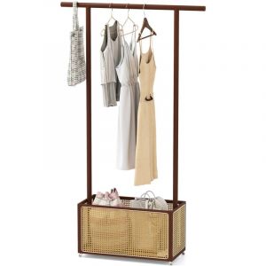 Porte-V&ecirc;tements Roulant en Bambou avec Panier de Rangement en Rotin PE et Roues, Rail de Suspension pour Entr&eacute;e, Salon, 100 x 32,5 x 172 cm
