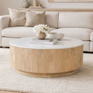 Table basse ronde 91x91x38cm en manguier blanchi et terrazzo blanc