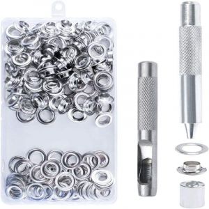 Cyslmuk - 100 Oeillets Kit Oeillets Outils M&eacute;talliques Oeillet Kit 10mm Oeillet Oeillet Kit pour Toile B&acirc;che Tente R&eacute;paration Argent