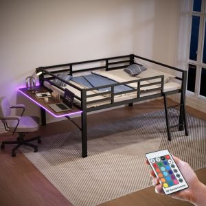 Lit mezzanine 140x200 cm, avec bureau rabattable, LED, escalier, cadre en m&eacute;tal, sommier &agrave; lattes en bois, cl&ocirc;ture de s&eacute;curit&eacute;, lit enfant princesse