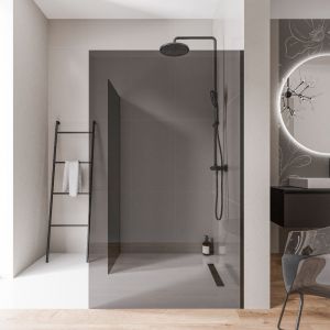 2 Parois de douche italienne d'angle 140x200cm + 70cm, verre fum&eacute; nano 10mm, profil&eacute; mural inox noir mat, sans profil&eacute; sol - EX102 140 cm, 70 cm,