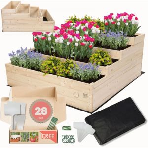 MODO24 Carr&eacute; potager sur&eacute;lev&eacute; en bois, 4 niveaux en cascade, 54x117x120 cm, jardin/terrasse, kit jardinier inclus, naturel impr&eacute;gn&eacute;