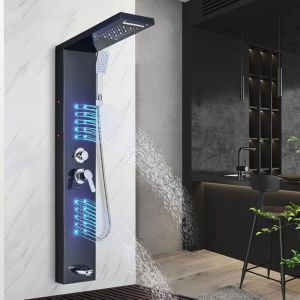 Colonne de Douche Noir Hydromassante Led, 4 Fonctions: Douche de pluie &agrave; Led, 2 Jets de Massage, Douchette et Bec Bain d&eacute;verseur Noir