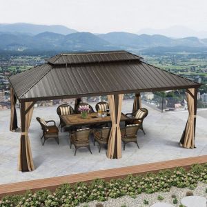 PURPLE LEAF Tonnelle de Jardin Extérieur Pergola Aluminium avec Moustiquaire et Rideaux Pavillon de Jardin à Double Toit Acier Galvanisé, 6 x 3.65 m,