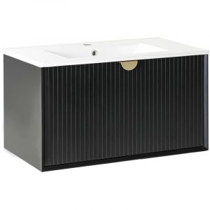 Meuble Sous-Vasque avec Lavabo en Bois d'Ing&eacute;nierie 80 x 43 cm Rangement Salle de Bain Noir Bonaire