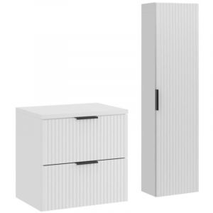 Ensemble de salle de bain NOXERA 60 cm &ndash; Meuble sous vasque suspendu blanc alpin mat avec plan vasque et colonne murale