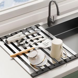 &Eacute;gouttoir pour &eacute;vier, &Eacute;gouttoir pliable en acier inoxydable pour cuisine, Tapis d&rsquo;&eacute;gouttoir, Grille d&rsquo;&eacute;gouttoir R&eacute;sistant &agrave; la chaleur (40 x 32,5 cm)