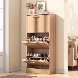 Meuble &agrave; chaussures, meuble &agrave; chaussures en rotin 60x24x113cm, multi rangement, 3 portes, meuble &agrave; chaussures anti-bascule, pour halls d'entr&eacute;e,
