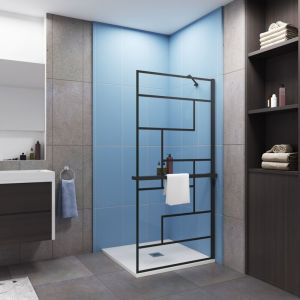 Paroi de douche &agrave; l'italienne s&eacute;rigraphie brique 100x200cm install&eacute; avec une de barre de fixation d&rsquo;angle de 45cm,livr&eacute; avec &eacute;tag&egrave;re de douche noir