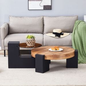 MODFU - Table basse gigogne ronde 61&times;30 cm + gu&eacute;ridon 44&times;44 cm, 2 niveaux, plateau verre teint&eacute; & MDF d&eacute;cor bois, pieds noirs