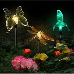Lot de 3 lampes solaires de jardin en forme de papillon, colibri, libellule, LED &agrave; &eacute;nergie solaire, multicolore