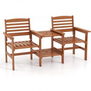 Salon de Jardin en Bois 3PCS 2 Personnes, Fauteuil/Chaise de Jardin Exterieur et Table Intégré avec Trou de Parasol, Ensemble de Meuble de Bistrot 2