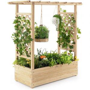 Jardinière avec 2 Treillis Latéraux Toit Suspendu en Bois de Sapin avec Trou de Drainage, Lit de Jardin pour Plante Grimpante Résistance aux