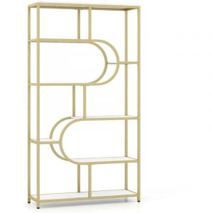 Biblioth&egrave;que 8 niveaux 95 x 30 x 175 cm avec design en U moderne pour salon et bureau en m&eacute;tal blanc et dor&eacute;