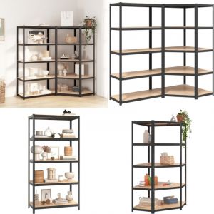 Tagère à 2 niveaux 5 pcs Gris Acier et bois ingénierie - Étagères Industrielles - Rayonnage Industriel - Rangement Professionnel - Stockage Efficace