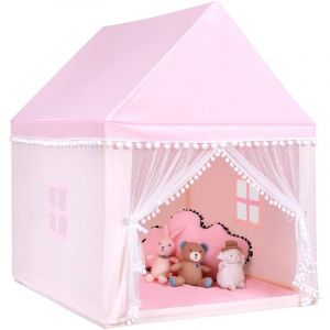 COSTWAY Tente de Jeux Enfant avec Tapis Doux & Lavable, Maison de Jeu en Ch&acirc;teau de Style Princesse en Coton, Cadre en Bois pour 3-4 Gar&ccedil;ons et