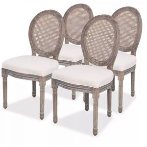 Chaise m&eacute;daillon lin beige et dossier en rotin Makin - Lot de 4