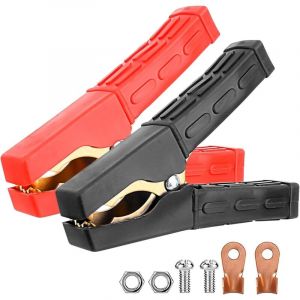 2 pi&egrave;ce Pince Crocodile en Cuivre, Pince Batterie Voiture, Cable Pince Crocodile avec Gaine Isolante, Pinces &agrave; Code Couleur, pour Auto Urgence