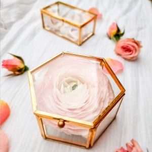 Skylantern - Boîte à Bague Mariage Hexagonale - Boite Alliance Mariage en Verre et Métal - Boîte à bijoux Or - Boîte à bague de demande en mariage,