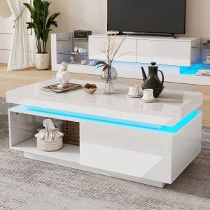 Wishdor - Table basse blanche brillante avec éclairage led et tiroir, 100x50x40,3 cm