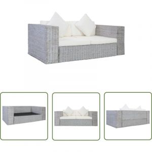 The Living Store Canap&eacute; &agrave; 2 places avec coussins Gris Rotin naturel - Canap&eacute; Rotin - Canap&eacute; Design - Canap&eacute; Int&eacute;rieur - Canap&eacute; Deux Places - Meubles