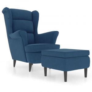 Fauteuil de Salon，Chaise，Fauteuil &agrave; oreilles avec tabouret bleu velours CFW453254