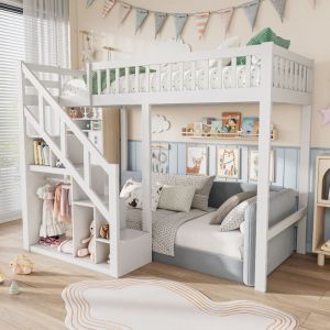 VASIEN &ndash; Lit Mezzanine 140x200 &ndash; Lit Superpos&eacute; Enfant 140x200 Lit superpos&eacute; 1 place Loft ado avec Escalier de rangement&ndash; Structure en bois massif,