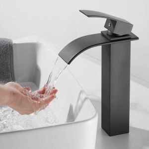 Mitigeur de lavabo Haut Robinet de Lavabo Cascade, Robinet Salle de Bain avec Eau Froide & Chaude Disponible, Haut Cascade de Mitigeur Lavabo, Noir